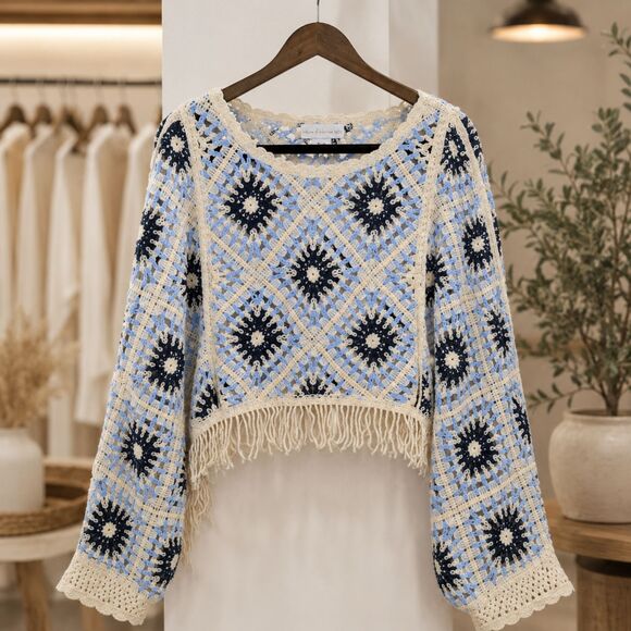 House of Harlow 1960 Sweaters - House of Harlow 1960 Boho Crochet Fringe Sweater One Size Blue Ivory Festival